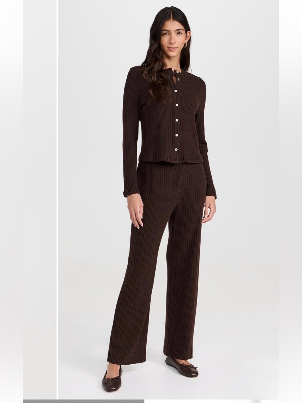 Donn I. Ribbed Cardigan (L) & Wide-Leg Pants (M) Set – Chocolate Brown